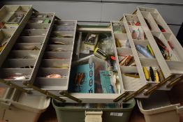 A large tackle box loaded with Lures and spinners most are in excellent condition some are unused in