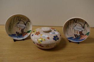 Three pieces of 20th Century Japanese Kyoto crackle glazed porcelain, to comprise a lidded pin dish,