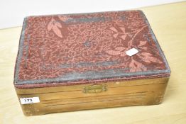 A vintage wooden box with tapestry lid 29cm x 23cm.