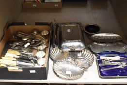 A shelf of plated ware including a tri bon bon dish, boxed shelfish set, serving trays, miniature