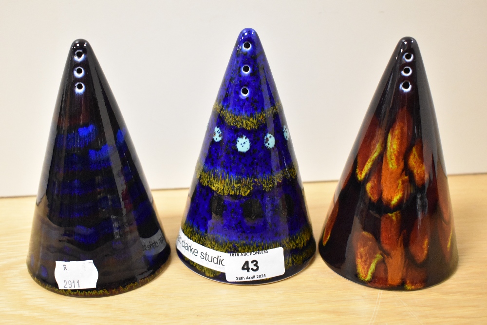 Three Limited Edition Alan Clarke studio pottery (ex Poole pottery) sugar shakers, of conical form,