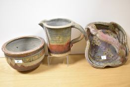 A 20th Century John Calver studio pottery basket with crimped edge and foliate glazed design,