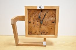 A bespoke 20th Century burr wood mantel clock, of Art Deco style, with battery powered movement,