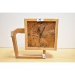 A bespoke 20th Century burr wood mantel clock, of Art Deco style, with battery powered movement,