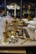 An assorted selection of brass ware including postage stamp scales, letter scales, Salter Spring