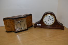 A 20th Century mahogany Comitti mantel clock, of Napoleon hat form, measuring 16cm tall, and an