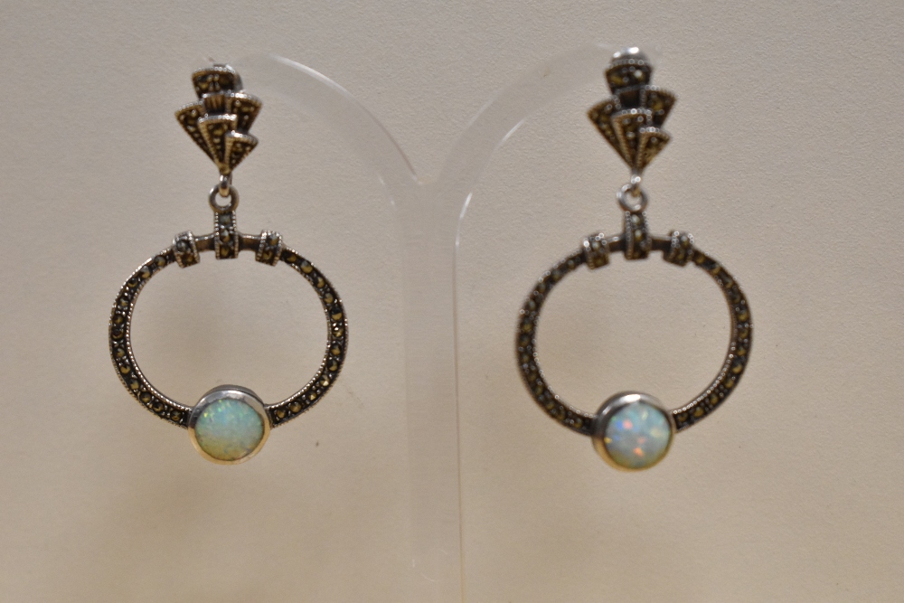 Two pairs of silver earrings comprising a pair of thick rounded hoops and a pair of Art Deco style - Image 2 of 4