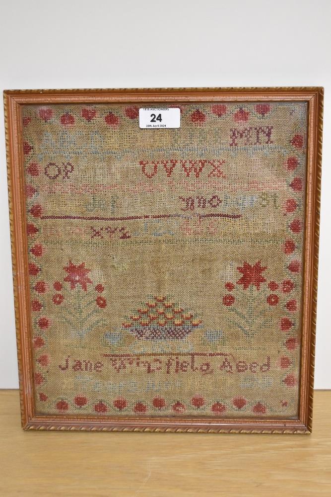 A Victorian needlework alphabet sampler, stitched by Jane Reed, framed and under glass, measuring