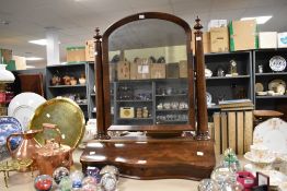 A large Victorian mahogany dressing table mirror with cloth lined lift up drawer to base. Missing