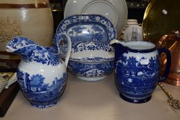 Four pieces of blue and white ware including Spode jug and bowl etc.