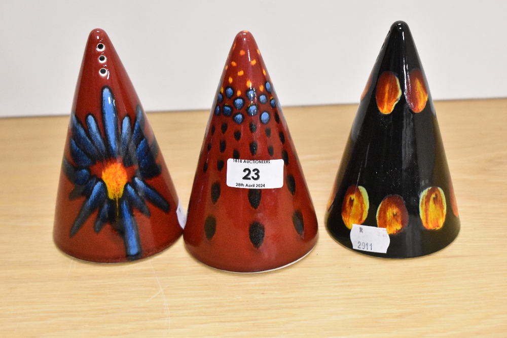 Three Limited Edition Alan Clarke studio pottery (ex Poole pottery) sugar shakers, of conical form,