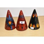 Three Limited Edition Alan Clarke studio pottery (ex Poole pottery) sugar shakers, of conical form,