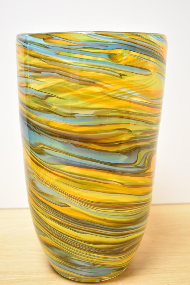 A large and heavy vintage Tozai art glass vase if 1970s style, having blue, orange, green and yellow