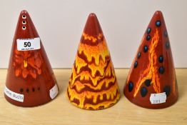 Three Limited Edition Alan Clarke studio pottery (ex Poole pottery) sugar shakers, of conical form,