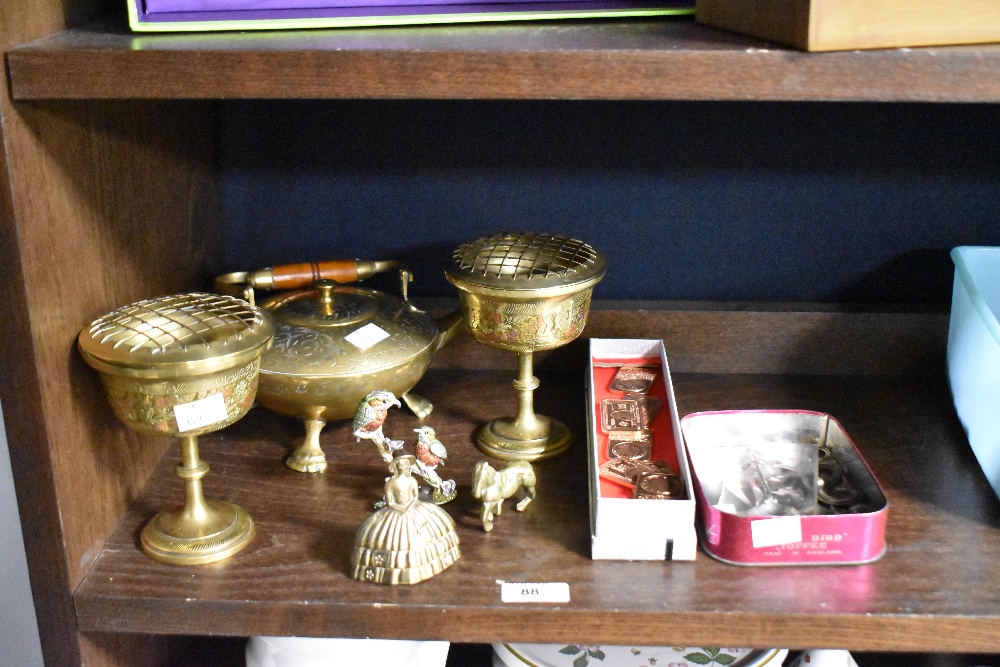 A pair of eastern brass footed rose bowls, a teapot, a box of coin bars, and other metalware
