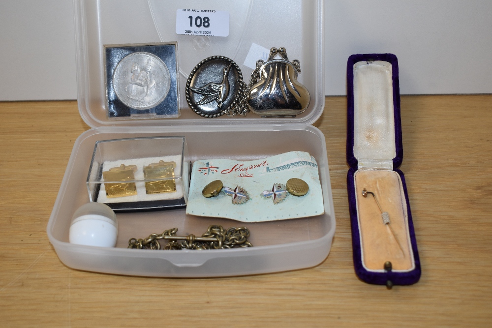 A selection of costume jewellery including cufflinks one pair depicting game birds, a floral motif