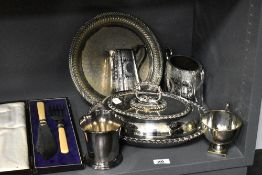 A Victorian style silver plated and lidded entre dish, measuring 30cm long, together with other
