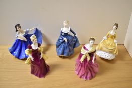 A group of five Royal Doulton bone china figurines, comprising Elaine HN2791, Adrienne HN9159,
