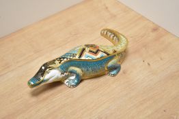 An unusual Royal Crown Derby bone china Alligator paperweight with gilt, stylised and geometric