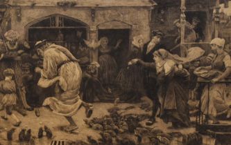 19th Century School, monochrome print, 'The Pied Piper of Hamelin', hand signed indistinctly to
