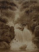19th/20th Century School, watercolour, A cascading waterfall within woodland setting, framed,