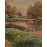 J. Scott (19th/20th Century, British), watercolour, A pastoral landscape with watering cattle,
