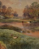 J. Scott (19th/20th Century, British), watercolour, A pastoral landscape with watering cattle,