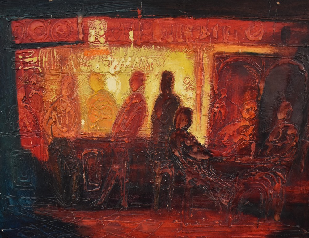 George Hutchins (20th Century), oil impasto on board, 'Saloon Bar', artist's label verso, framed,