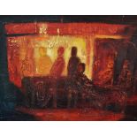 George Hutchins (20th Century), oil impasto on board, 'Saloon Bar', artist's label verso, framed,