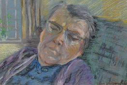 Joan Unsworth (20th Century), pastel, 'Golden Slumbers', an old lady having a nap, signed to the