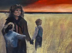 20th Century School, oil on board, Mother and children in a field, a hyper-realistic style painting,