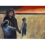 20th Century School, oil on board, Mother and children in a field, a hyper-realistic style painting,