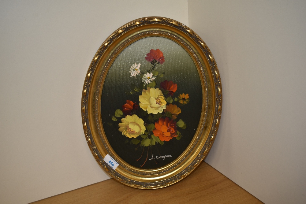 20th Century School, oil on canvas, An oval still life arrangement of flowers, signed to the lower - Image 2 of 4