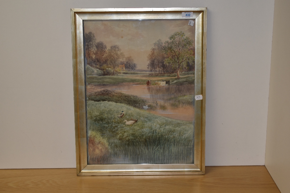 J. Scott (19th/20th Century, British), watercolour, A pastoral landscape with watering cattle, - Image 2 of 4