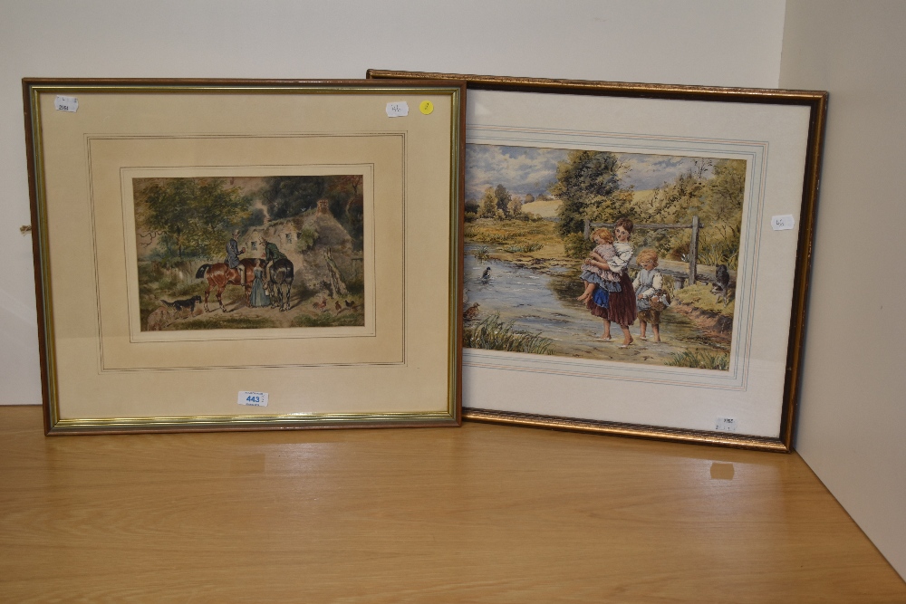 19th Century School, watercolour, Two courting gentlemen on horseback, framed, mounted, and under - Image 2 of 3