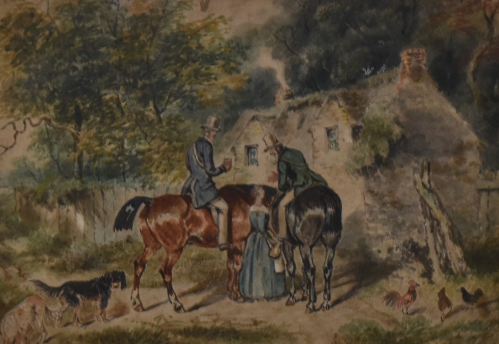 19th Century School, watercolour, Two courting gentlemen on horseback, framed, mounted, and under