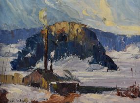 20th Century Continental School, oil on board, Two semi-abstract winter mountain landscapes,