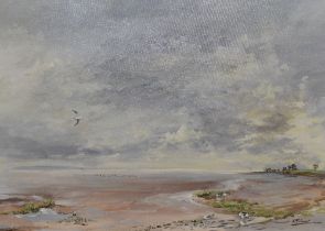 Fred McJannet (20th Century, British), oil on canvas, A coastal landscape with seagulls, signed to