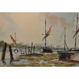 John Lewis (20th Century, British), watercolour, Moored boats, signed to the lower right, framed,