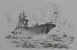After David Hawker (20th Century), pencil print, 'HMS Invincible', framed, mounted, and under glass,