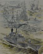 After Alan Goodburn (20th Century), coloured print, A battleship illustration depicting 8th