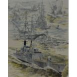 After Alan Goodburn (20th Century), coloured print, A battleship illustration depicting 8th