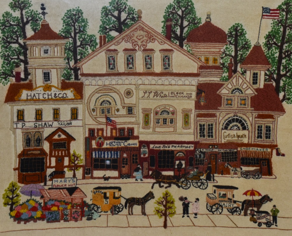 20th Century, needlework embroidery, A busy street scene with vendor carts to the foreground,