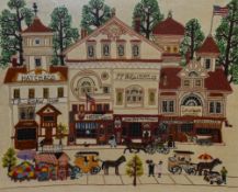 20th Century, needlework embroidery, A busy street scene with vendor carts to the foreground,