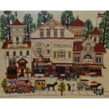 20th Century, needlework embroidery, A busy street scene with vendor carts to the foreground,