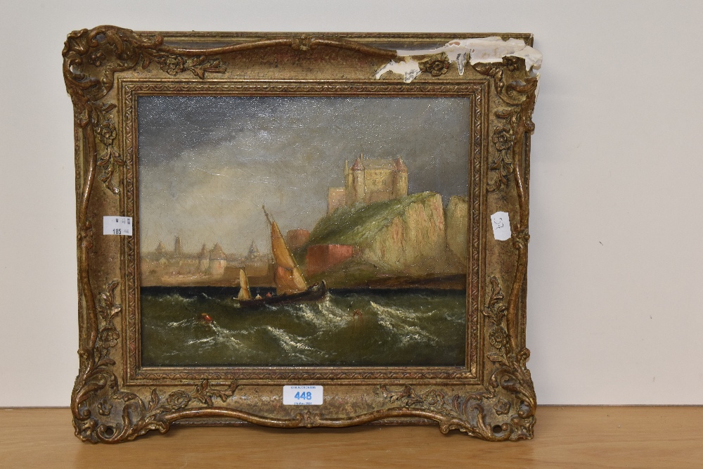 19th Century School, oil on canvas, A maritime landscape with turreted castle beyond, signed faintly - Image 2 of 3