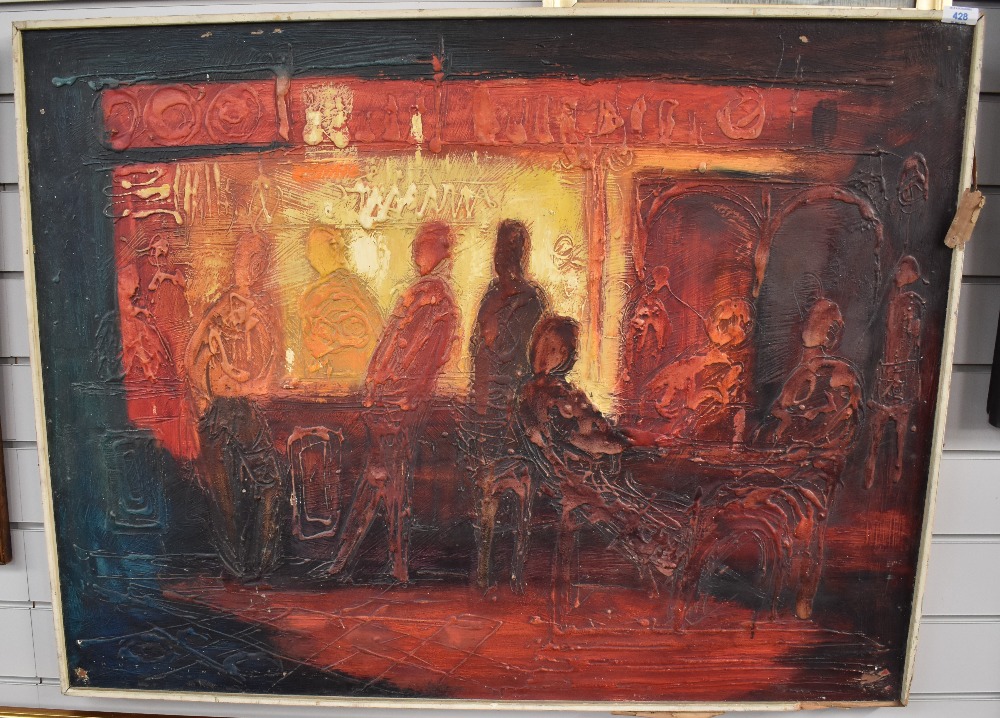 George Hutchins (20th Century), oil impasto on board, 'Saloon Bar', artist's label verso, framed, - Image 2 of 3