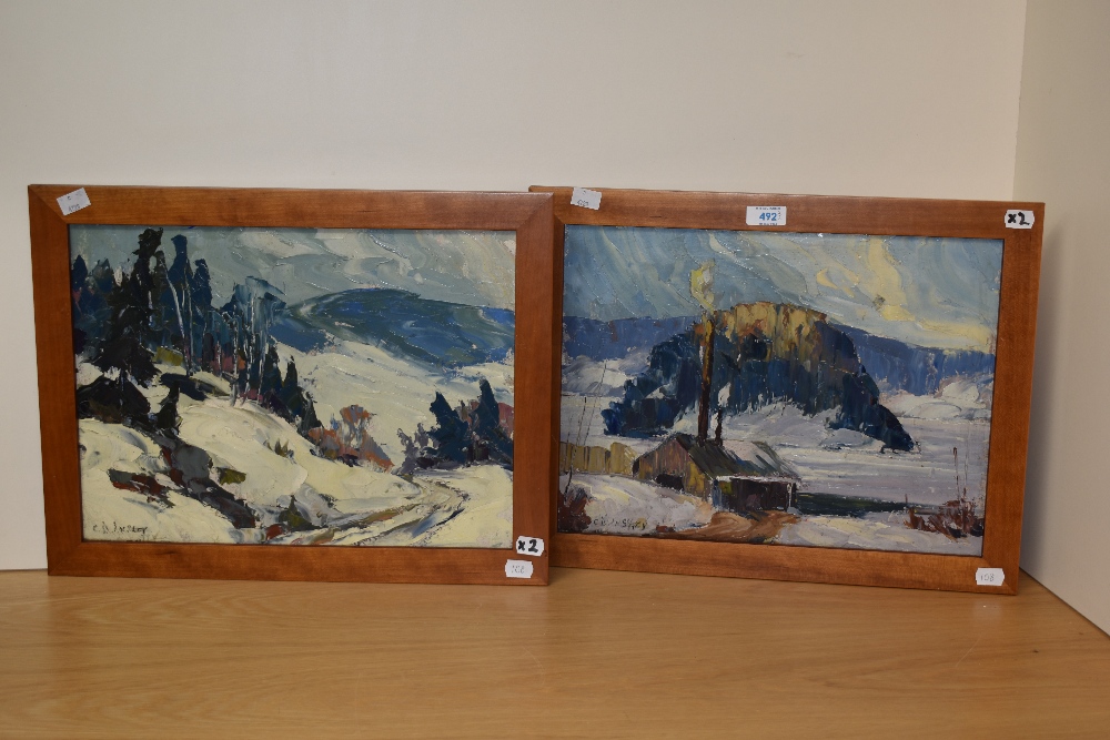 20th Century Continental School, oil on board, Two semi-abstract winter mountain landscapes, - Image 2 of 5