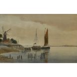 20th Century School, watercolour, Masted boats on a shoreline with windmill, framed, mounted, and