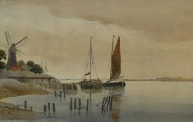 20th Century School, watercolour, Masted boats on a shoreline with windmill, framed, mounted, and